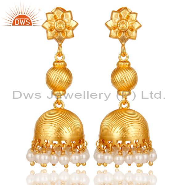 Traditional Jhumka Earrings with 18k Gold Plated Sterling Silver & Pearl