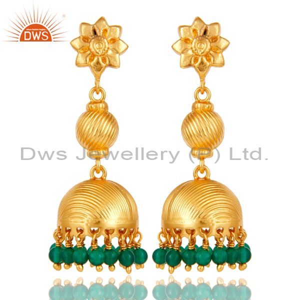 Flower Carving Jhumka Earrings with 18k Gold Plated Sterling Silver & Green Onyx