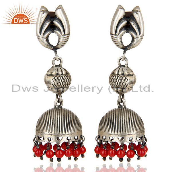 Black Oxidized 925 Sterling Silver Red Coral Jhumka Earrings Wedding Jewelry