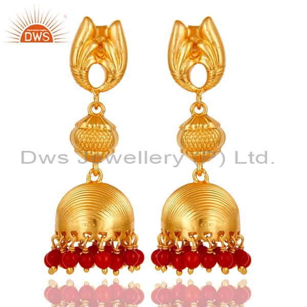 18k Gold Plated Sterling Silver Traditional Jhumka Earrings With Coral
