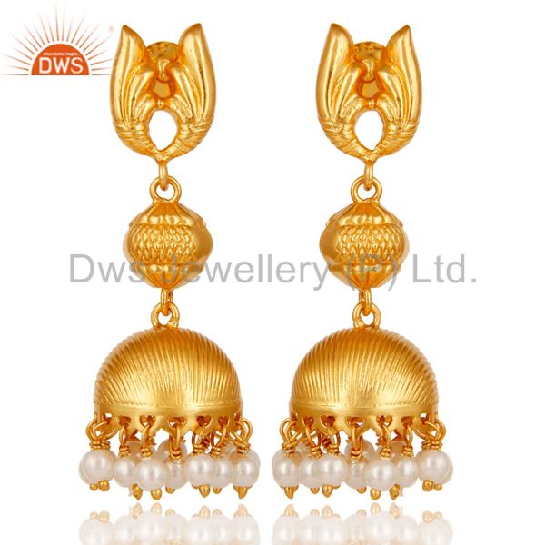 18k Gold Plated Sterling Silver Traditional Jhumka Earrings with Pearl