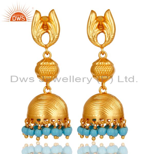 18k Gold Plated Sterling Silver Traditional Jhumka Earrings with Turquoise