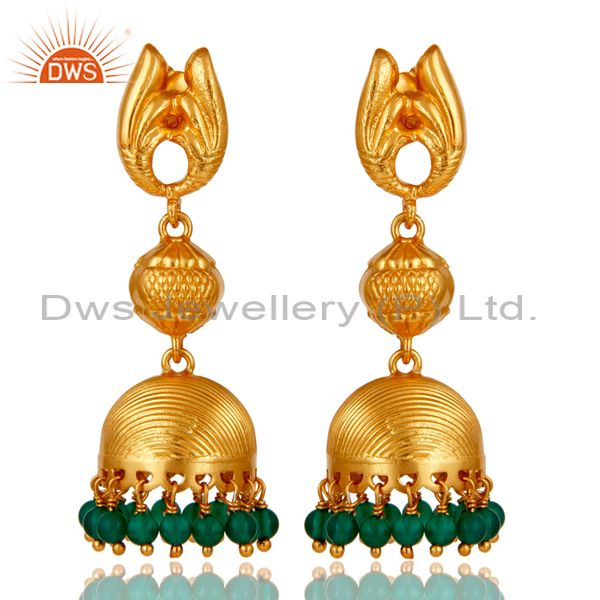 18k Gold Plated Sterling Silver Traditional Design Jhumka Green Onyx Earrings