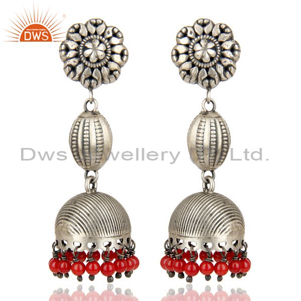 Oxidized 925 Sterling Silver Handmade Flower Design Red Coral Jhumka Earrings