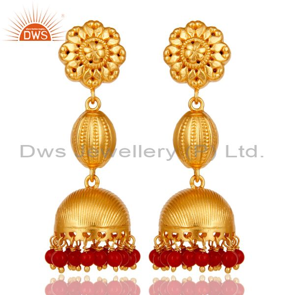 18k Gold Plated 925 Sterling Silver Traditional Design Jhumka Red Coral Earrings