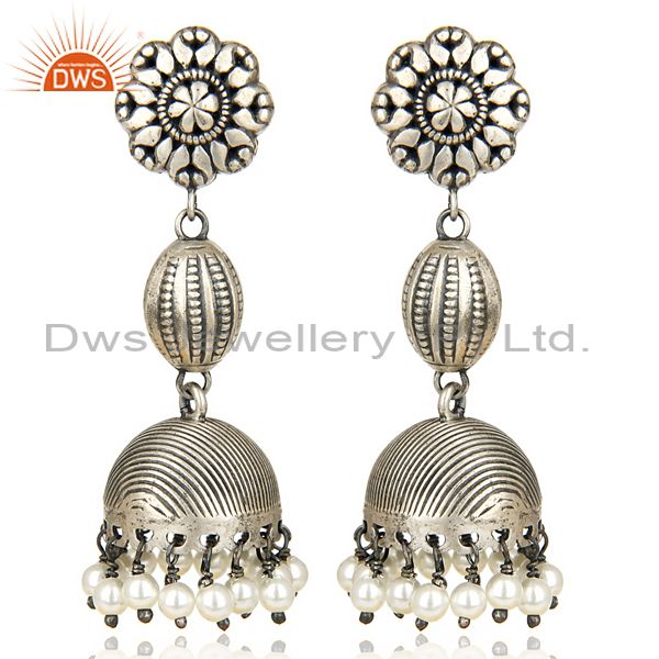 Oxidized 925 Sterling Silver Handmade Flower Design Pearl Beads Jhumka Earrings