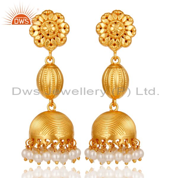18k Gold Plated 925 Sterling Silver Traditional Design Pearl Bead Jhumka Earring