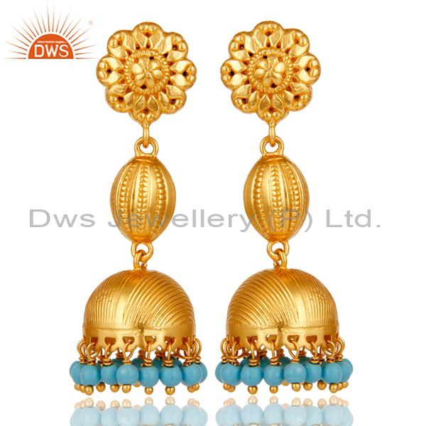 18k Gold Plated 925 Sterling Silver Traditional Design Jhumka Turquoise Earrings