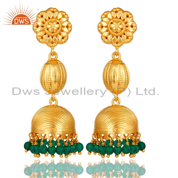 18k Gold Plated Sterling Silver Traditional Jhumka Earrings with Green Onyx