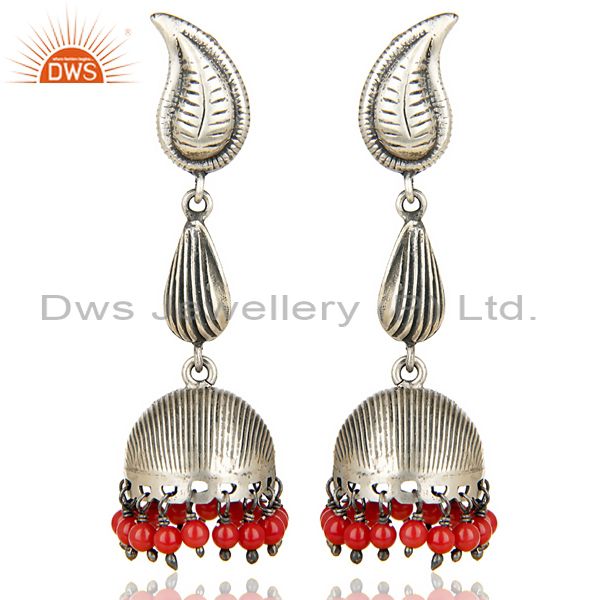Oxidized 925 Sterling Silver Handmade Red Coral Jhumka Earring Gift Jewelry