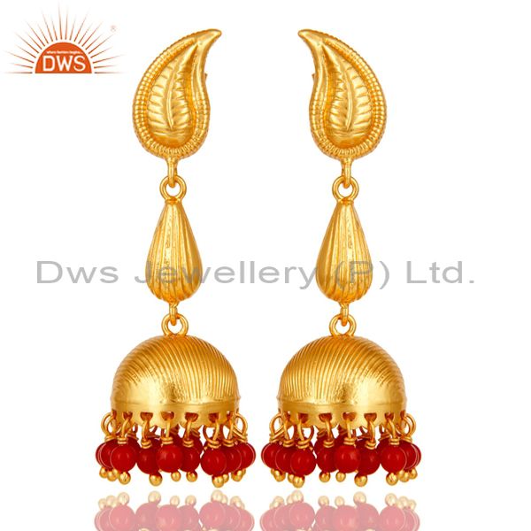 18k Gold Plated Sterling Silver Traditional Jhumka Earrings with Red Coral