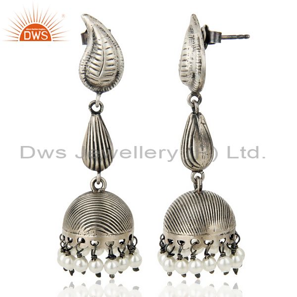 Black Oxidized 925 Sterling Silver Traditional Handmade Pearl Jhumka Earrings