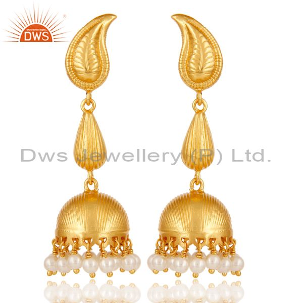 18k Gold Plated Sterling Silver Traditional Jhumka Earrings with Pearl Bead