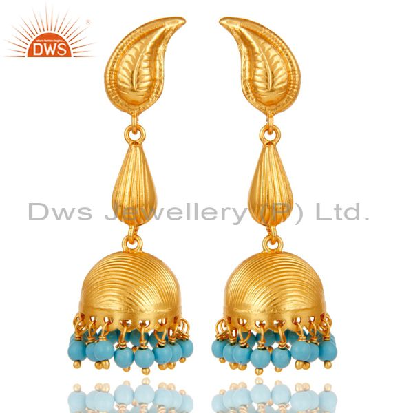 18k Gold Plated 925 Sterling Silver Traditional Jhumka Earrings With Turquoise