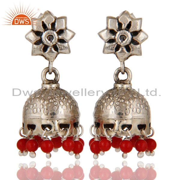 Solid 925 Sterling Silver Handmade Jhumka Earrings With Cultured Coral