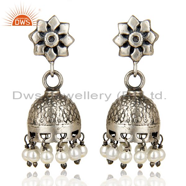 Black Oxidized 925 Sterling Silver Handmade Flower Design Pearl Jhumka Earrings