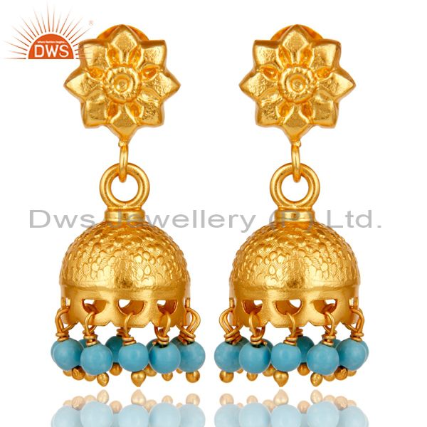 18k Gold Plated Sterling Silver Flower Carving Jhumka Earrings with Turquoise