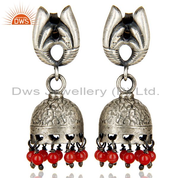 Black Oxidized 925 Sterling Silver Traditional Handmade Red Coral Jhumka Earring