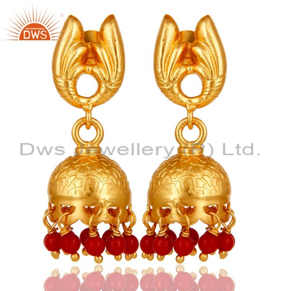 18k Gold Plated Sterling Silver Handmade Jhumka Earrings with Red Coral