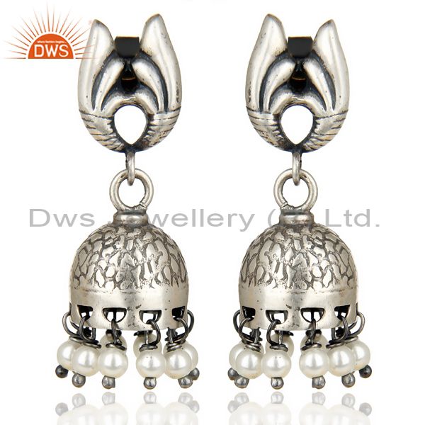 Oxidized 925 Sterling Silver Traditional Handmade Pearl Jhumka Earrings Jewelry