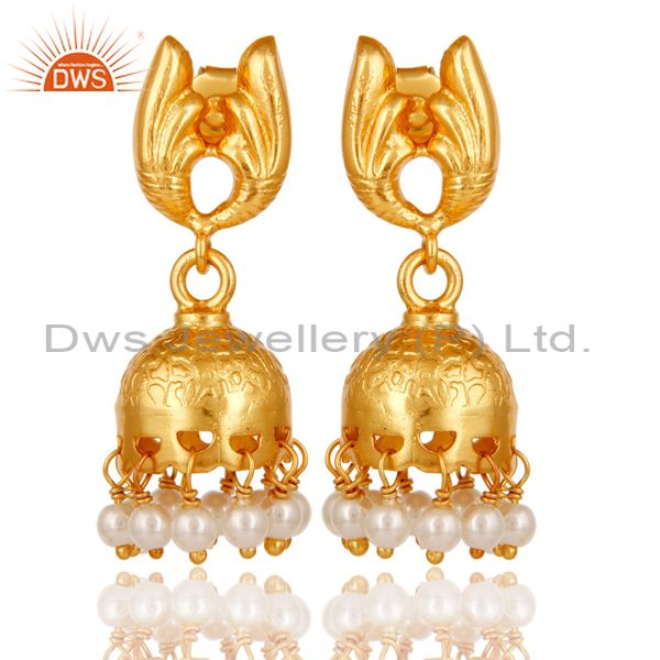 18k Yellow Gold Plated Sterling Silver Handmade Jhumka Earrings with Pearl