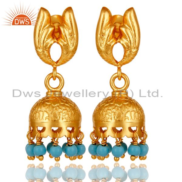 18k Gold Plated 925 Sterling Silver Handmade Jhumka Earrings with Turquoise