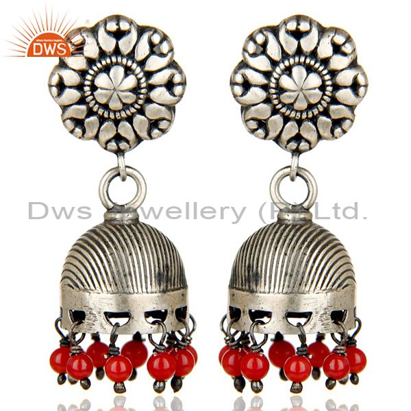 Oxidized 925 Sterling Silver Traditional Handmade Red Coral Jhumka Earrings