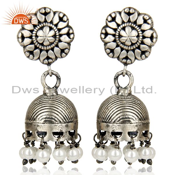 Black Oxidized 925 Sterling Silver Traditional Pearl Jhumka Earrings Jewelry