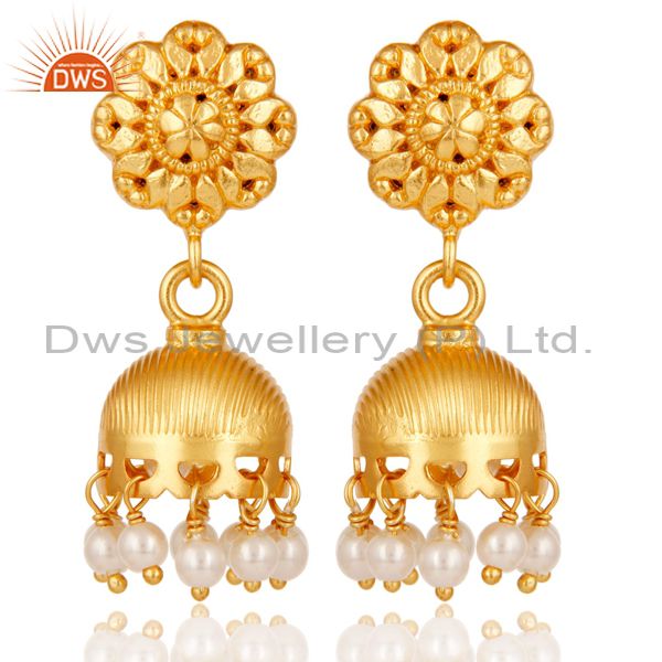 18k Yellow Gold Plated 925 Sterling Silver Handmade Pearl Beads Jhumka Earrings