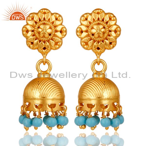 18k Gold Plated Sterling Silver Handmade Jhumka Earrings with Turquoise