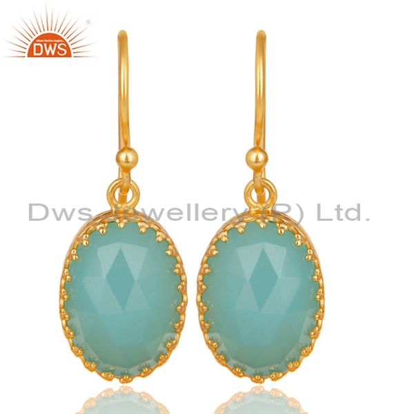14K Gold Plated 925 Sterling Silver Dyed Chalcedony Prong Set Drops Earrings