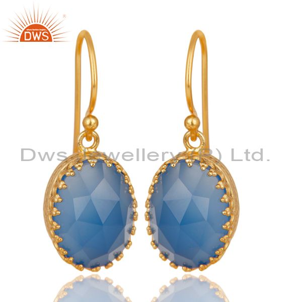 14K Yellow Gold Plated 925 Sterling Silver Dyed Blue Chalcedony Drops Earrings