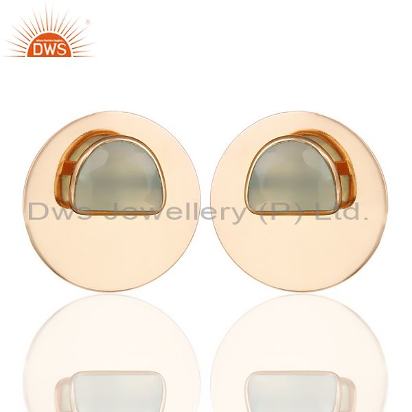 14K Rose Gold Plated 925 Silver Round Design Dyed Aqua Chalcedony Stud Earrings