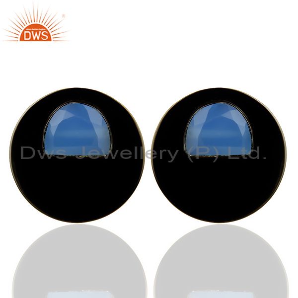 Black Oxidized 925 Silver Round Design Aqua Blue Chalcedony Stud Earrings