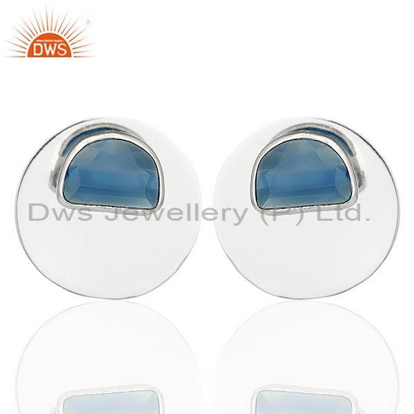 Blue Chalcedony Gemstone Stud Solid 925 Sterling Silver Earrings Jewelry