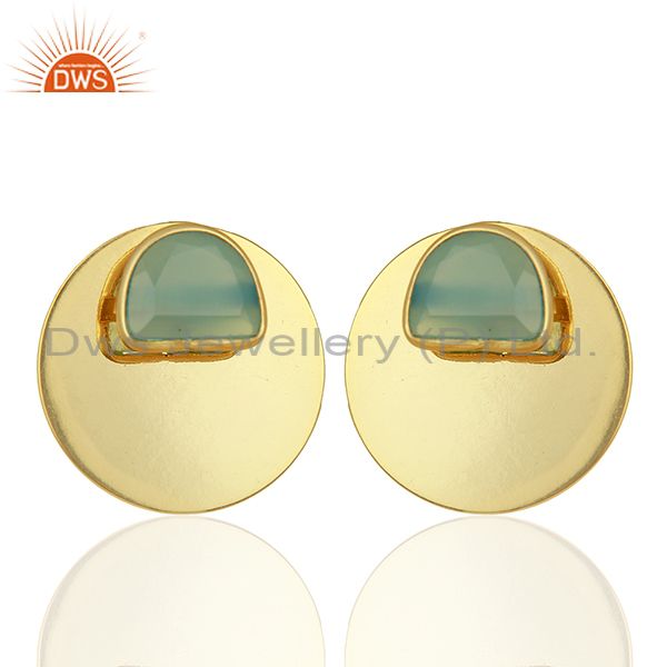 Gold Plated 925 Sterling Silver Blue Chalcedony Gemstone Stud Earrings