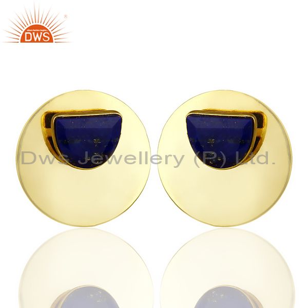 14K Gold Plated 925 Sterling Silver Round Design Lapis Lazuli Studs Earrings