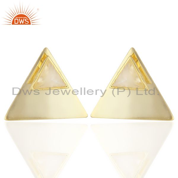 14K Gold Plated 925 Sterling Silver Pyramid Design Rainbow Moonstone Earrings