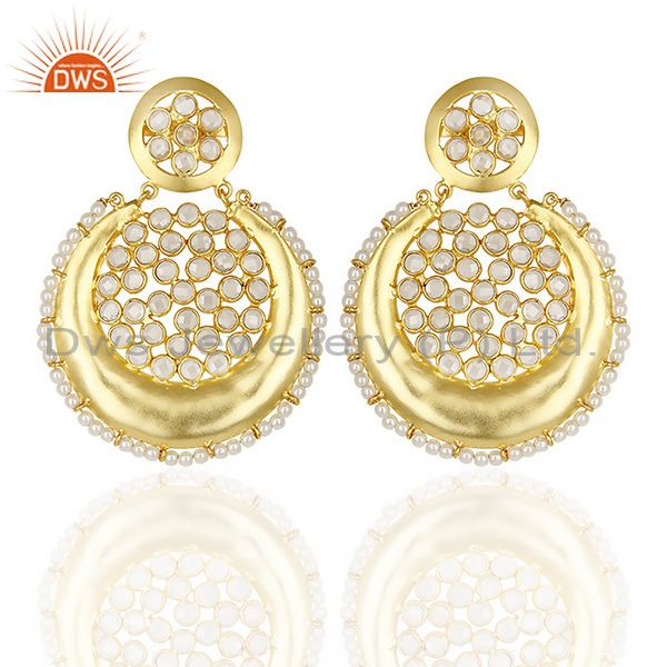 Silver Gold Plated Natural Pearl Gemstone Chand Bali Earrings Supplier