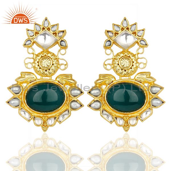 Green Onyx Pearl Gemstone Gold Plated Silver Earrings Supplier