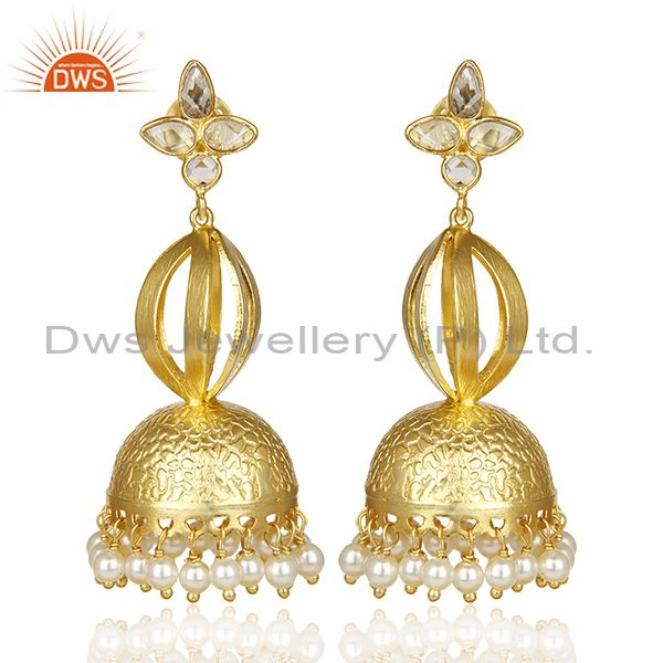 Simple Gold Plated Indian Jhumka Traditional Long Silver Pearl Earring
