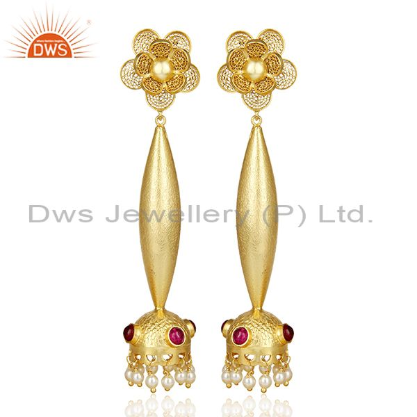 Filigreen Gold And Pearl Bollywood Red Stone Jhumka Gold Plated Silver Earring