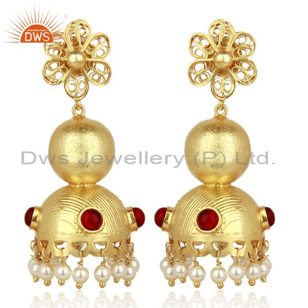 Red Stone Studded Traditional Bollywood Jhumka Gold Plated 92.5 Silver Jewelry