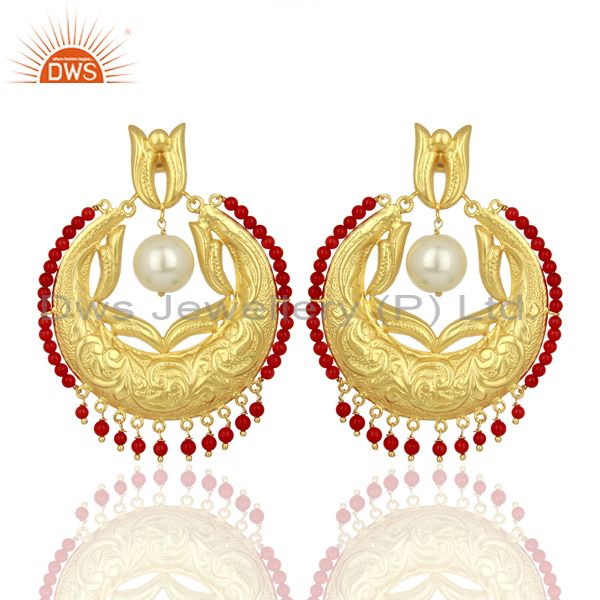 CZ Coral Gemstone Gold Plated Silver Chand Bali Traditional Earrings