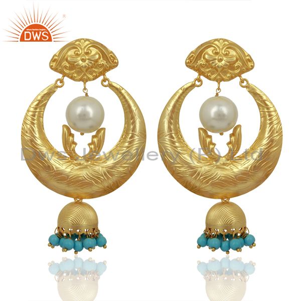 Gold Plated Silver Turquoise Gemstone Chand Bali Earrings Supplier