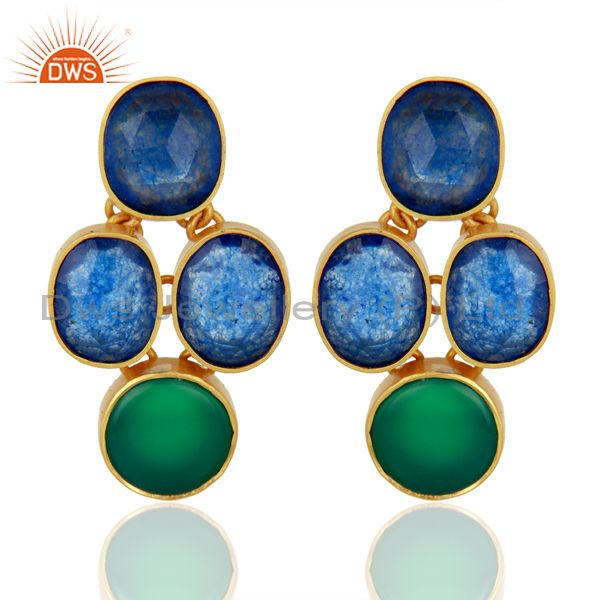 Green Onyx and Blue Aventurine Gemstone 925 Silver Earrings Supplier