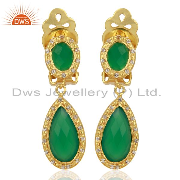 Natural Green Onyx Gemstone Gold Plated 925 Silver Clip Earrings