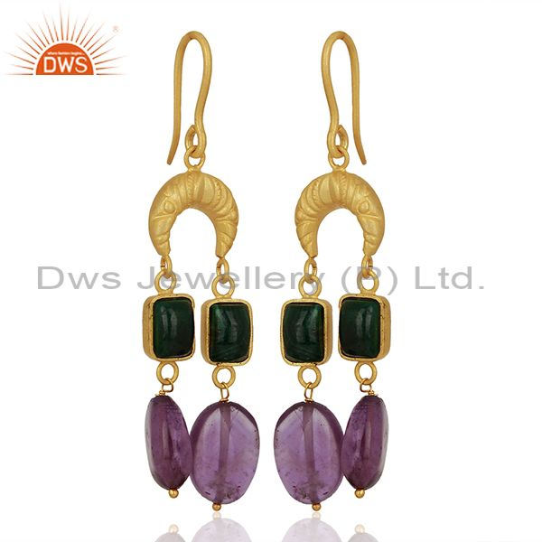 Malachite and Amethyst Gemstone Gold Plated 925 Silver Earring Jewelry