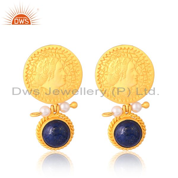 Brass Gold Earrings With Lapis And Pearl Beads