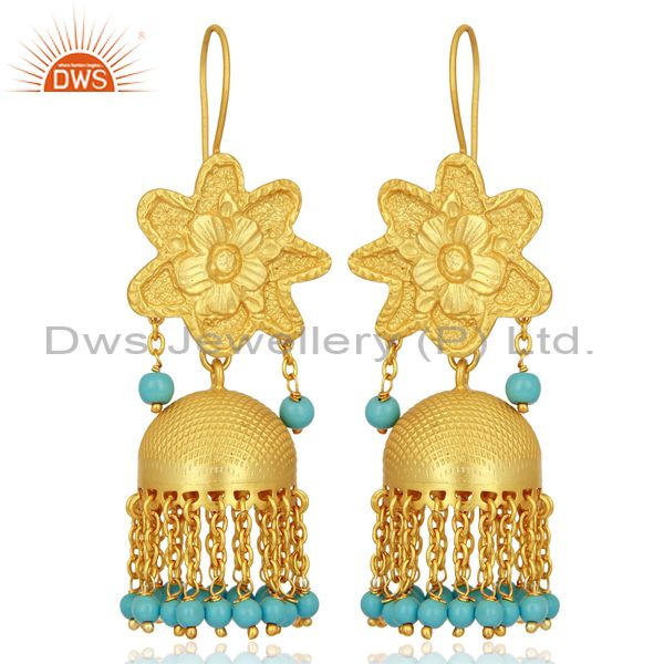 Turquoise Gemstone Gold Plated Silver Traditional Jhumka Earrings